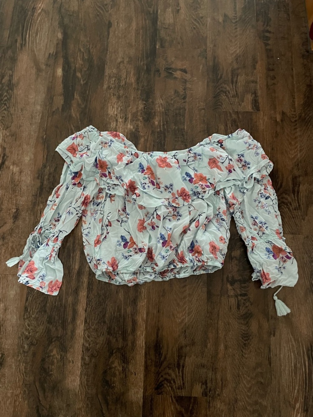 Floral Off-Shoulder Ruffle Crop Top in Light Blue and Coral